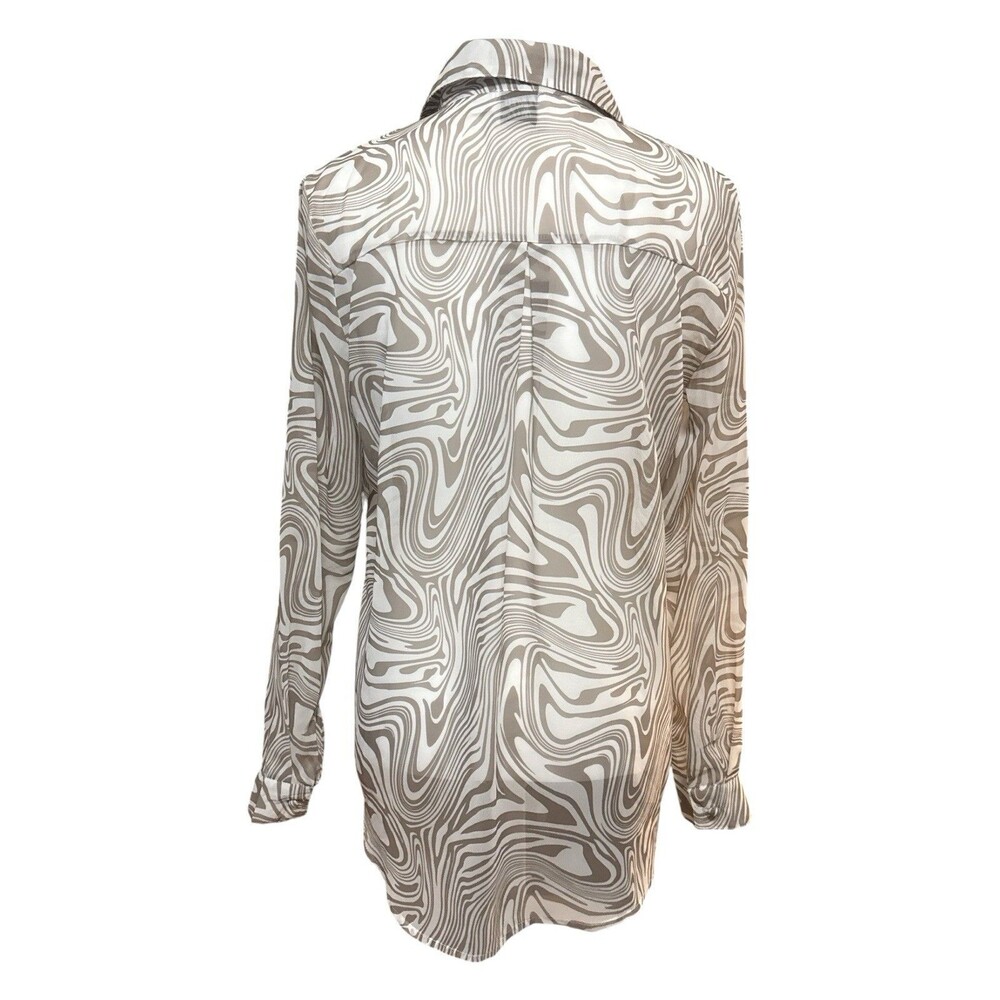 Princess Polly Abstract Swirl Button Up Blouse Taupe Sheer Y2K Office Chic US 4 - Picture 4 of 7